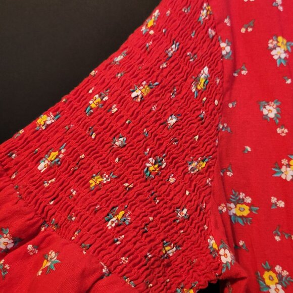 Wrangler X Billabong Dress Short Red Large Ruffle Deep V Neck Long Sleeve - Picture 3 of 10